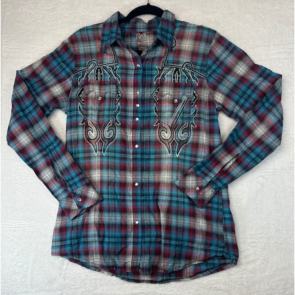 Rock 47 by Wrangler Vintage Western Snap Shirt Womens L Blue Red Plaid